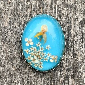 Vintage Pressed Flower Resin Pendant Brooch Pin Oval Boho Dried Floral Jewelry